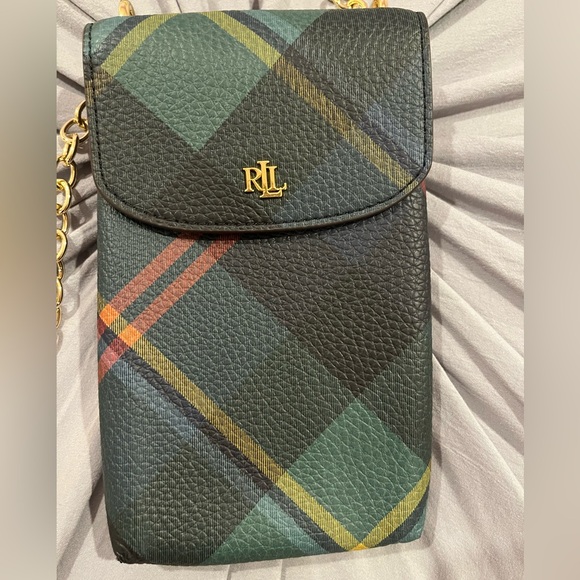 Ralph Lauren Pebbled Leather Plaid Phone Crossbody - Picture 2 of 3